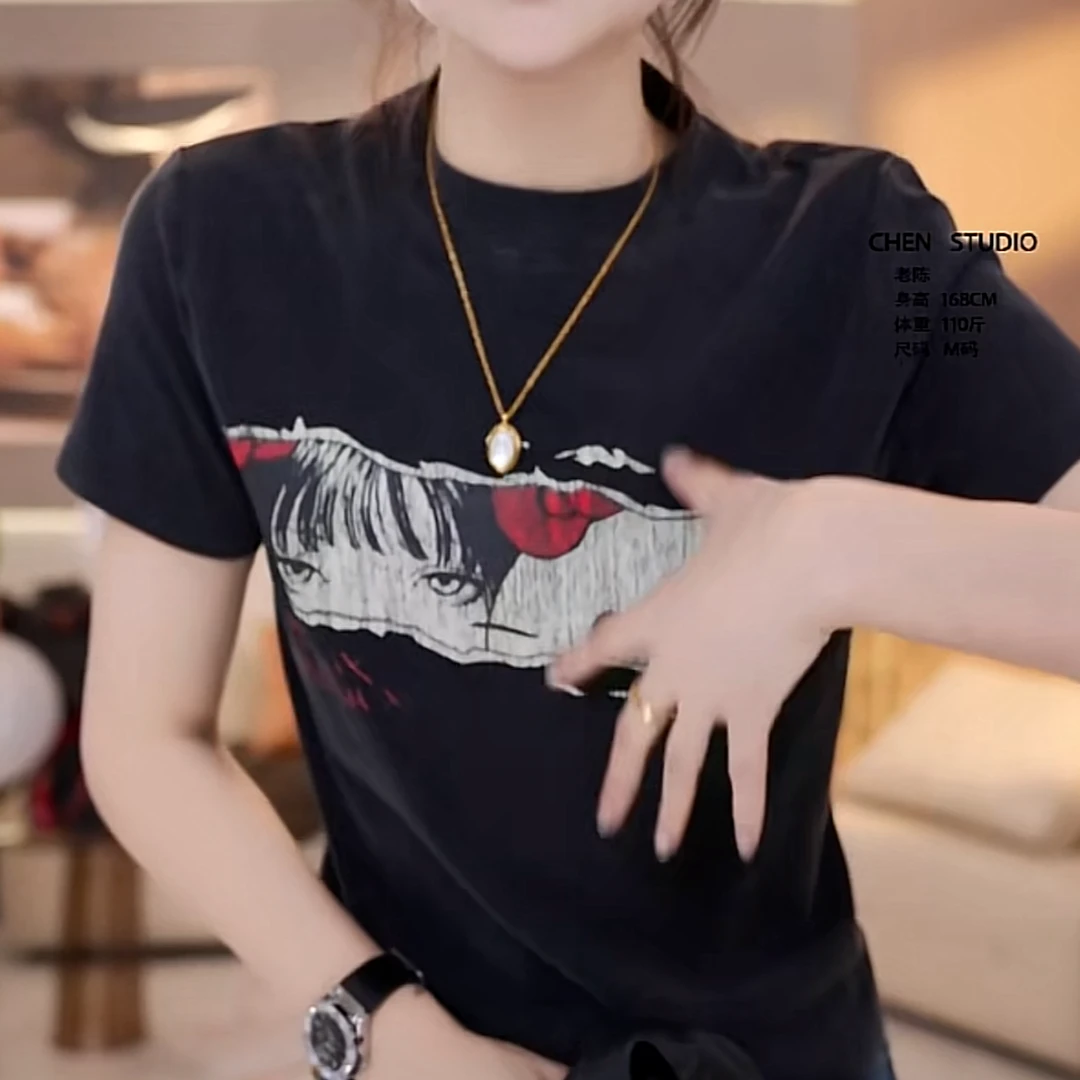 怀旧创意印花kitty猫上衣2024新款秋冬字母印花黑色短袖t恤女