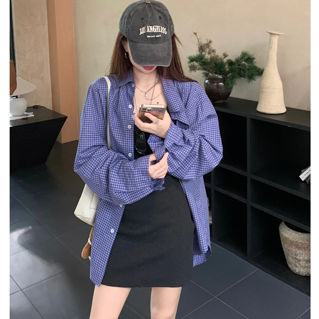 韩版宽松蓝色格子长袖衬衫衬衣洋气ins休闲百搭修身吊带裙秋套装