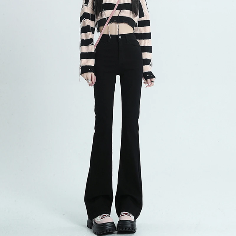 秋冬加厚加绒微喇牛仔裤女2024新款弹力修身高腰显瘦黑色直筒裤子