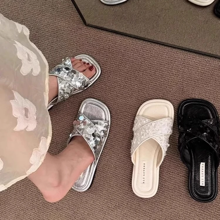外穿时髦拖鞋配裙子的拖鞋水晶亮片高档轻奢鞋子女ins潮牌百搭