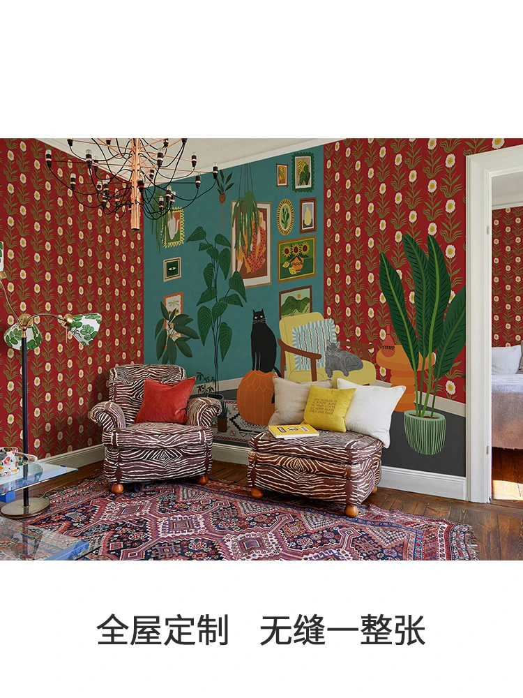 现代定制壁画墙布植物猫咪壁纸餐厅电视背景创意卧室书房商场墙纸