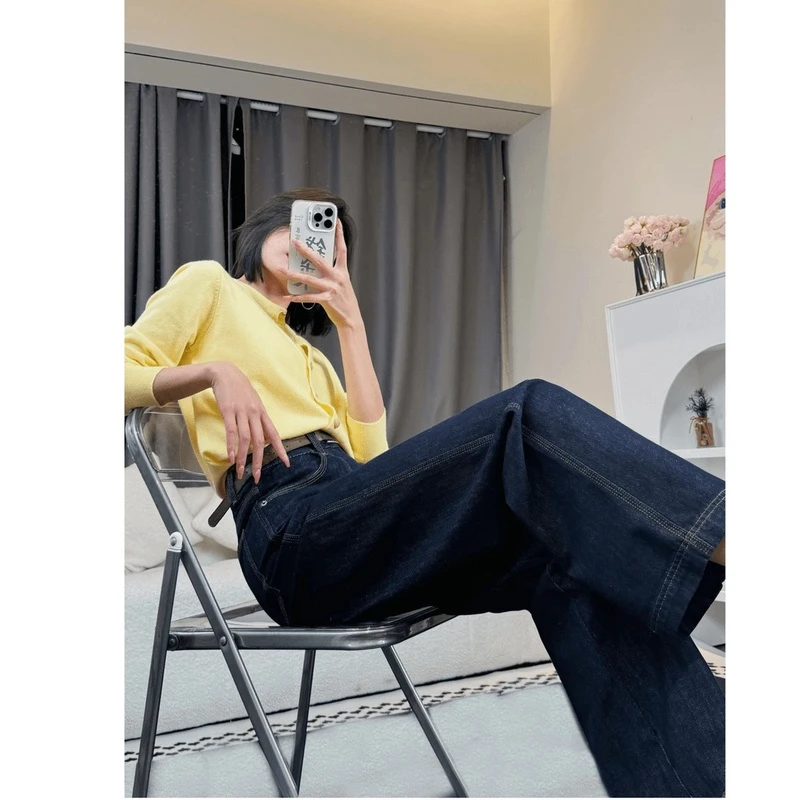 「丹宁蓝+三本针」秋款上新百搭阔腿显高显瘦高腰牛仔裤窄版直筒女