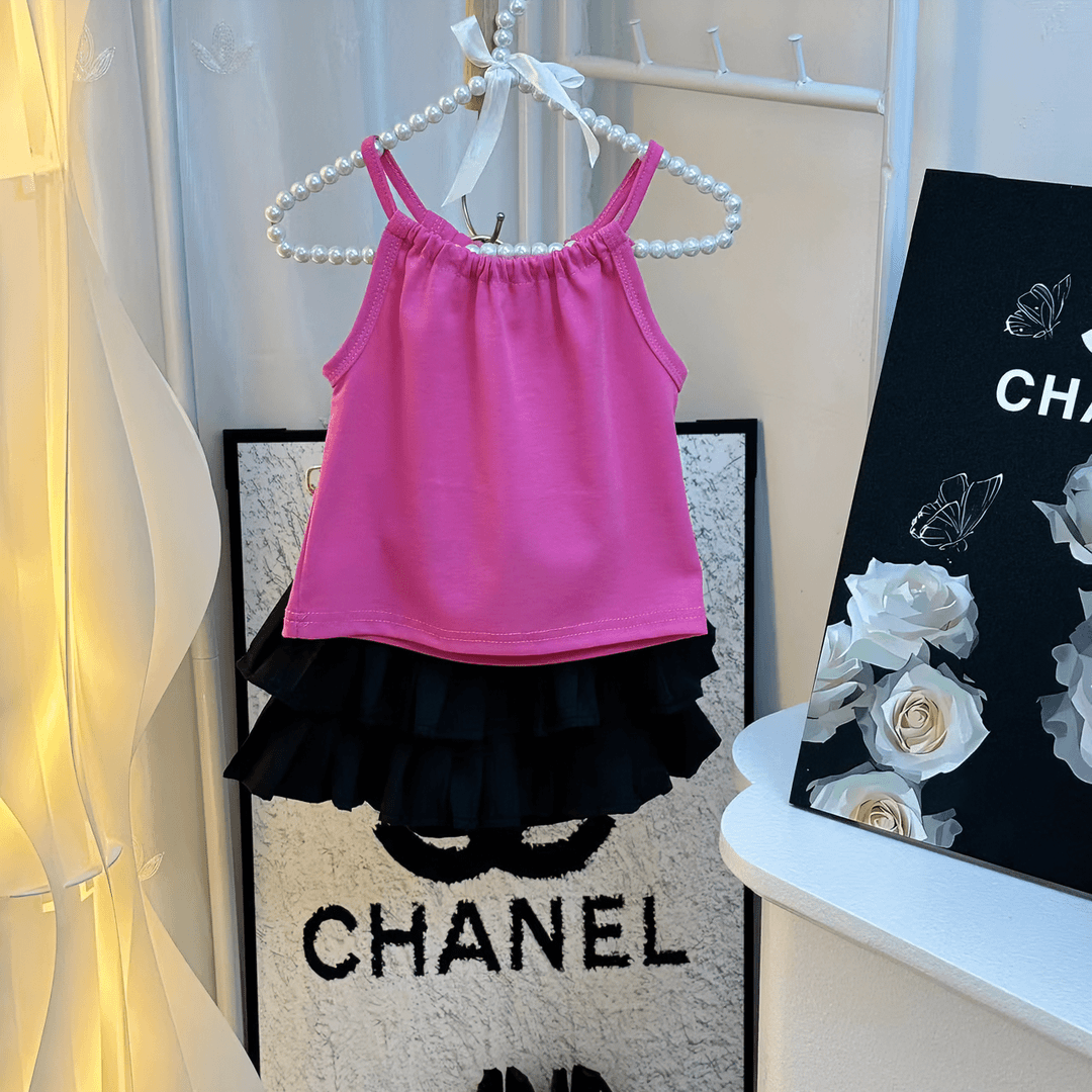 女童夏装2024新款镂空挂脖吊带背心上衣+百褶裙裤时髦洋气潮流款