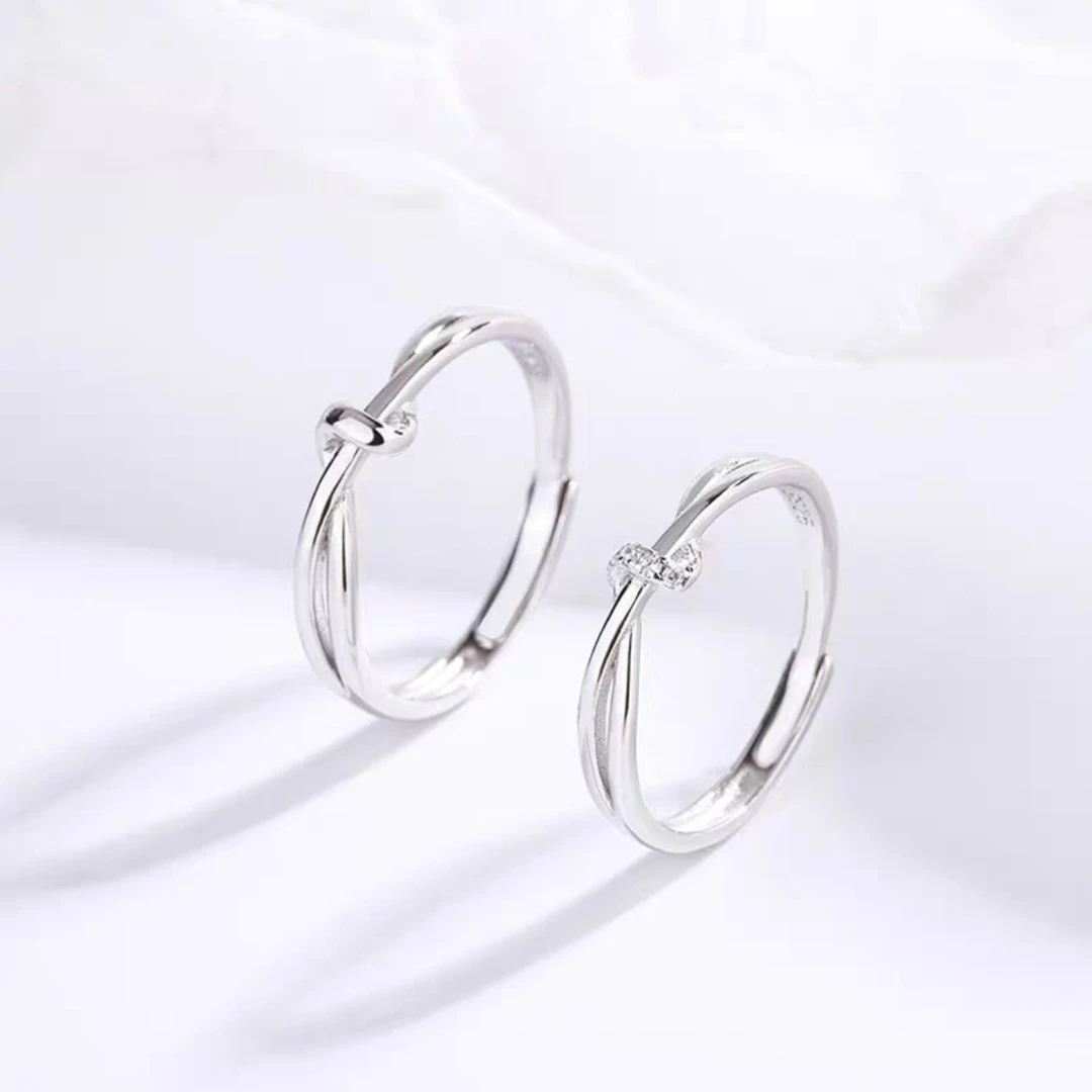 足银戒指 爱意交织双生结情侣足银对戒七夕礼物可调节百搭男女