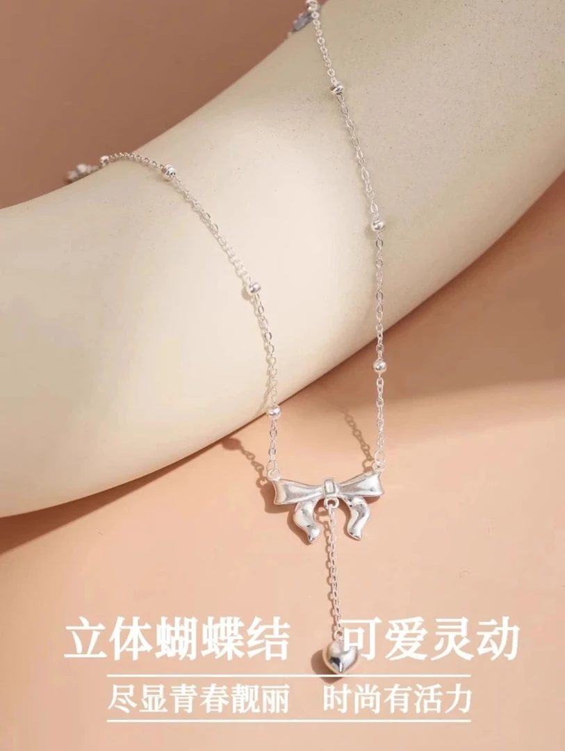 坠链均足银 在逃公主项链女轻奢蝴蝶结套链足银锁骨链礼物
