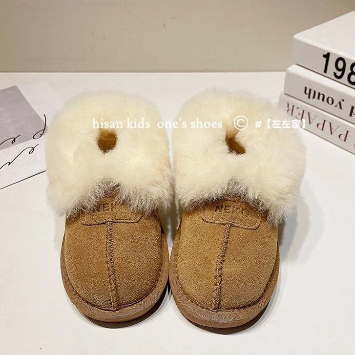 左左家儿童雪地靴2023新款冬季加绒加厚男女儿童皮毛一体磨砂皮靴