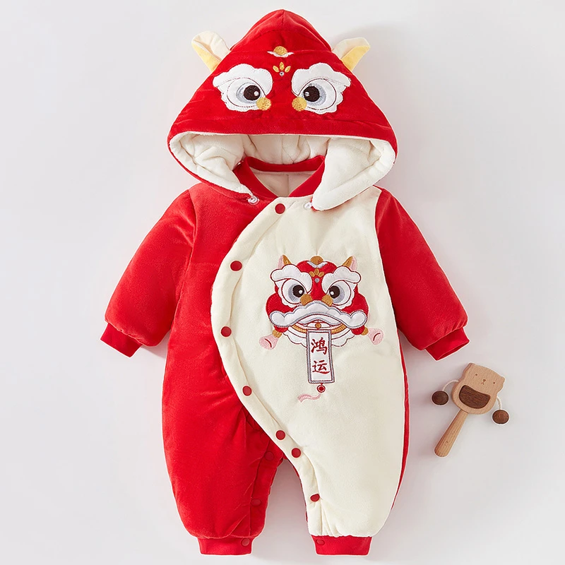 婴儿连体衣红色冬装秋冬宝宝夹棉加厚加绒新生儿保暖哈衣喜庆满月