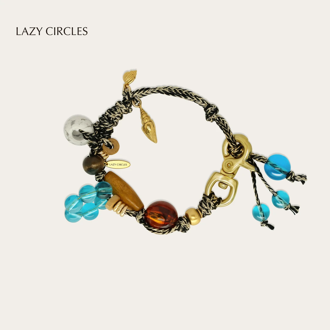 LAZY CIRCLES 铜合金木质手链 花舞贝壳钥匙扣手链蓝色多用吊坠