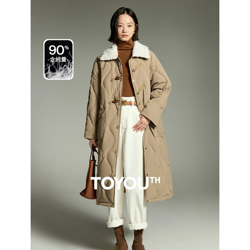 TOYOUTH初语毛绒翻领长款羽绒服女23冬新白鸭绒复古外套8346008