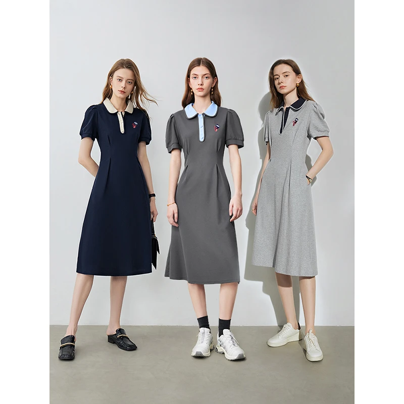 初语女装连衣裙夏季气质学生学院风连衣裙收腰显瘦中长款POLO裙女