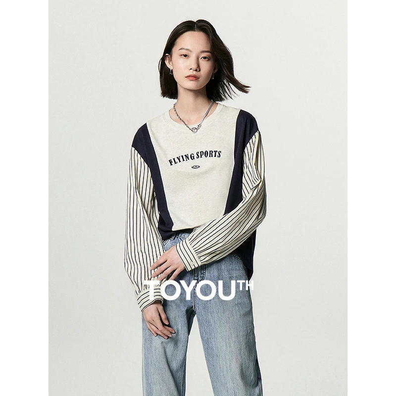 TOYOUTH初语假两件撞色拼接卫衣女秋新款时髦显瘦长袖上衣8334006