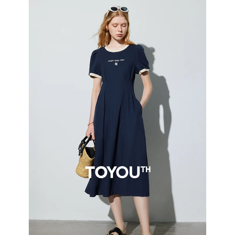 【初语服饰】初语气质小众圆领收腰连衣裙慵懒中长裙子8429804