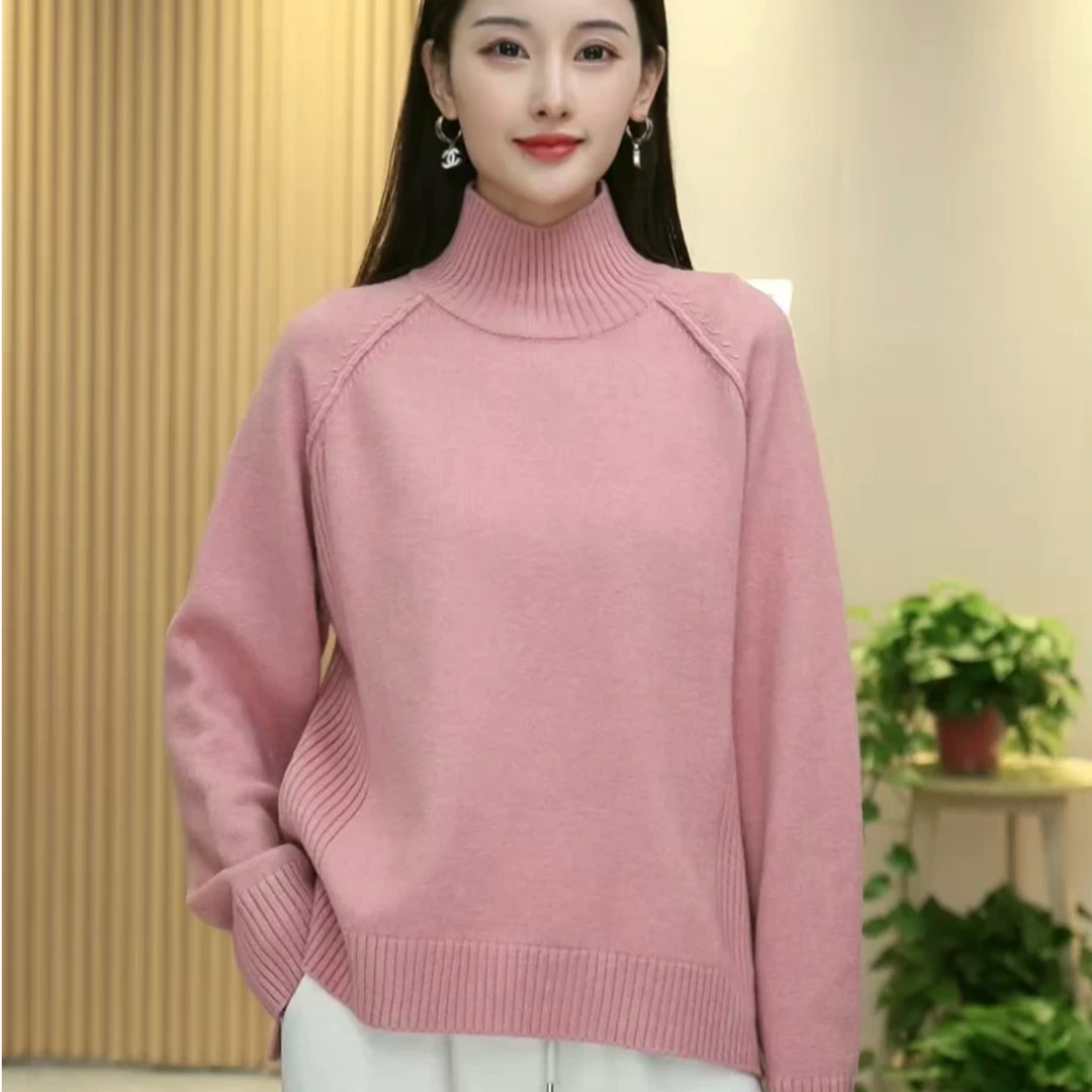 【好蒙HaoMeng】冬季简约纯色显瘦插肩袖半高立领宽松休闲针织女衫