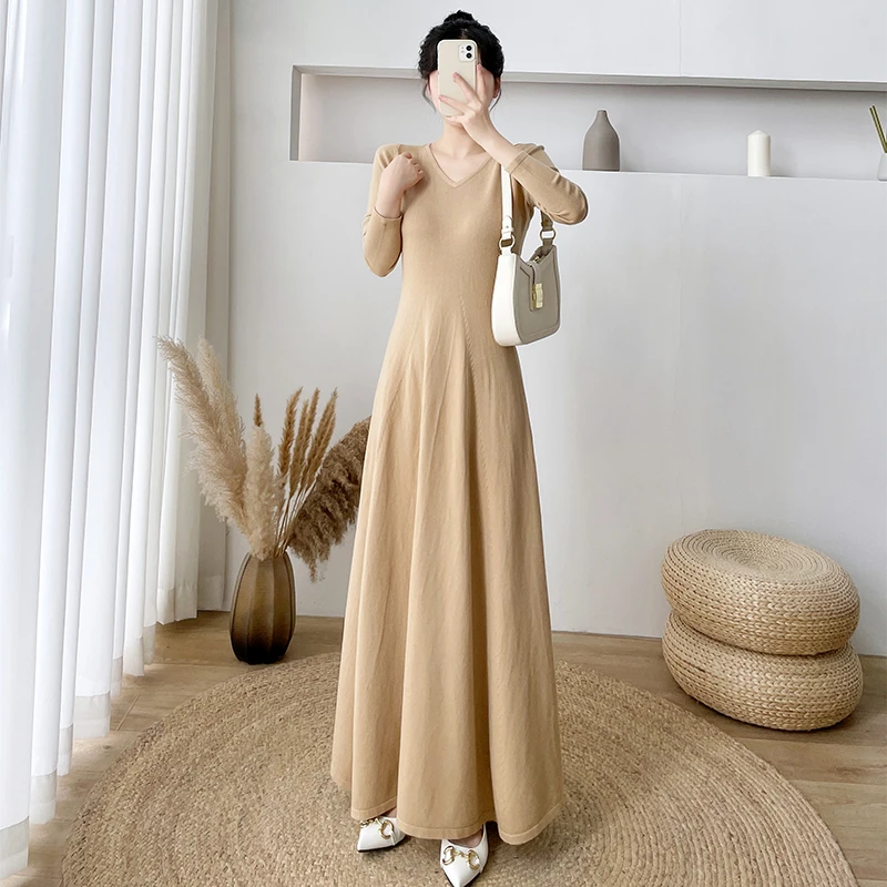 #8896超长款毛衣裙过膝女秋冬新款打底内搭宽松脚踝黑色针织长裙