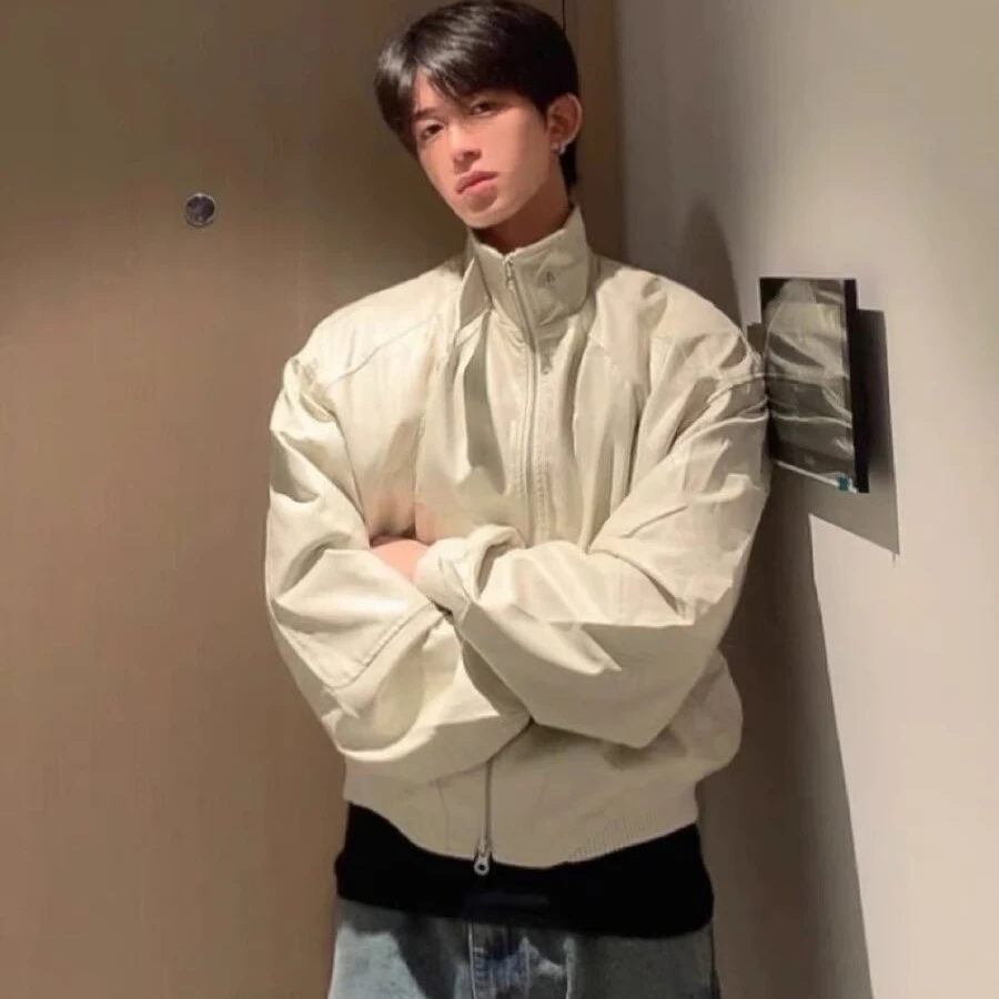 白色夹棉外套男款秋冬季高级感痞帅机车服夹克潮牌炸街男模穿搭