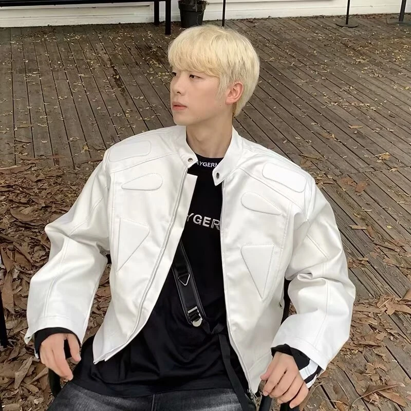 小众解构设计感机车皮夹克男复古高级炸街休闲皮衣垫肩外套男