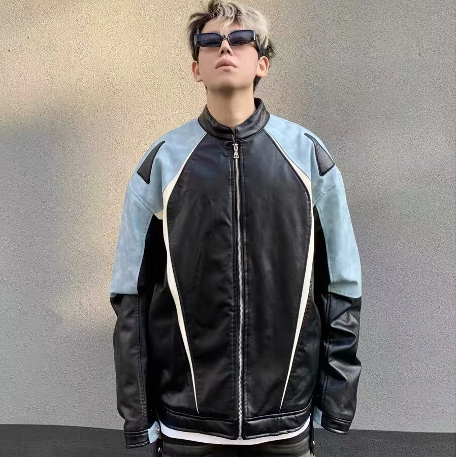 2024美式街头皮撞色春秋夹克拉链夹克男宽松休闲潮流外套