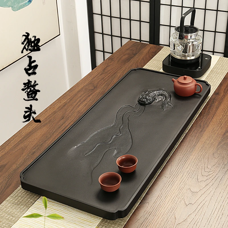 石头茶盘独占鳌头仿天然乌金石茶盘长方形复古办公居家茶盘小清新