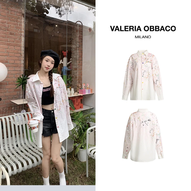 Valeria Obbaco玩趣系列粉色渐变涂鸦条纹衬衫男女同款休闲外套