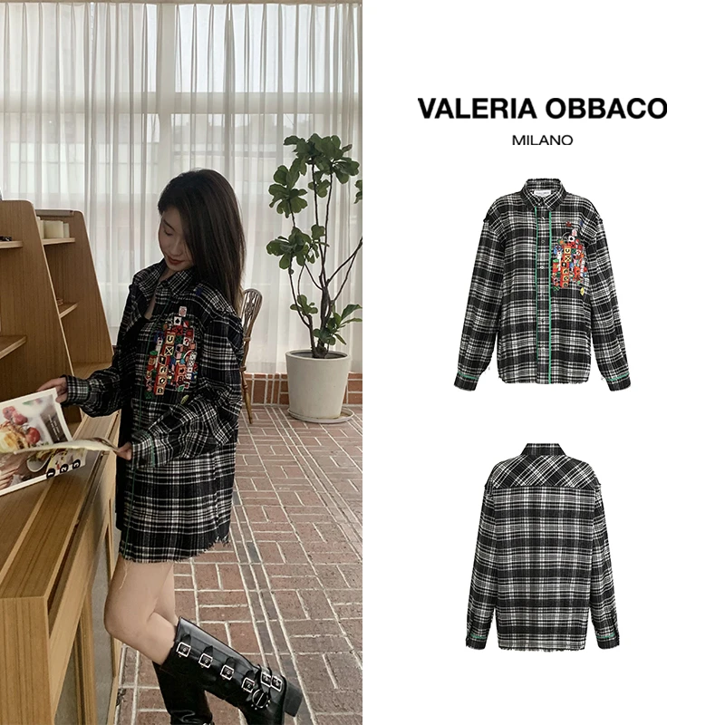 VALERIAOBBACO/瓦莱丽娅 奥贝科玩趣系列黑色方块叠高格纹衬衫