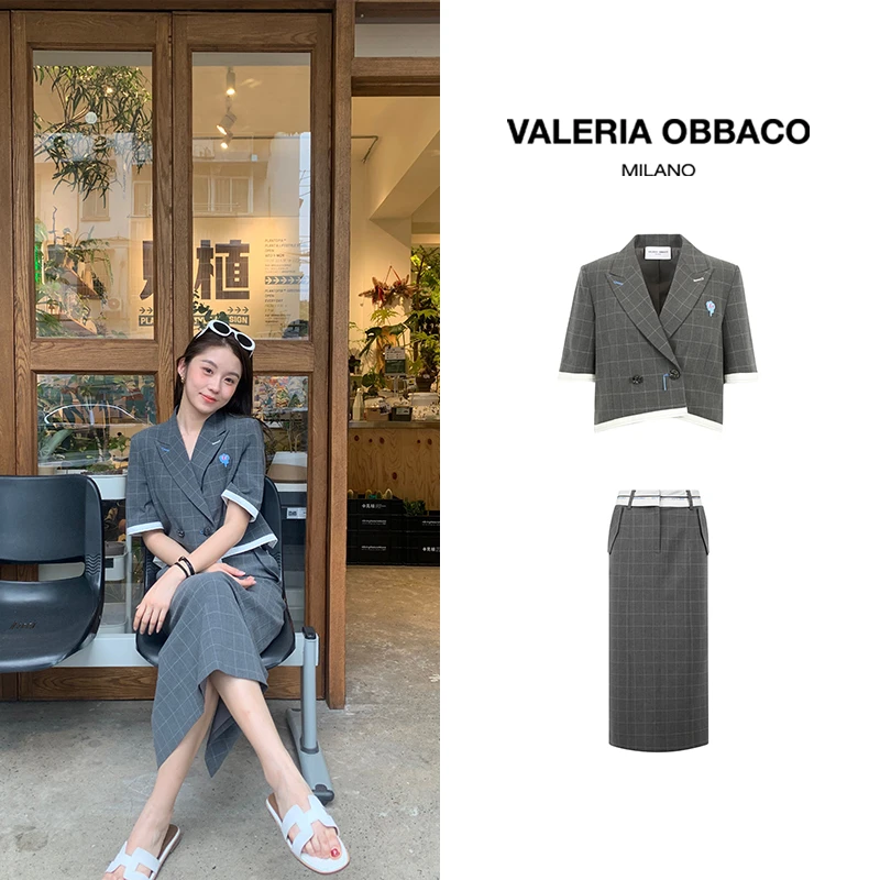 VALERIAOBBACO/瓦莱丽娅 奥贝科拼接怪兽半袖西装简约直身裙套装