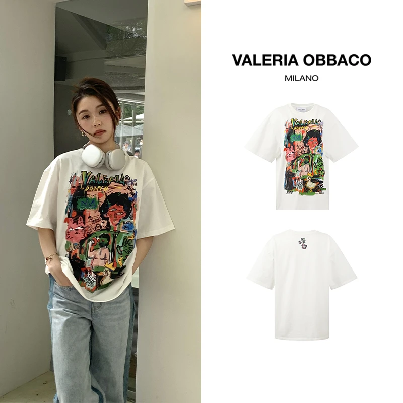 VALERIAOBBACO/瓦莱丽娅 奥贝科涂鸦系列粉绿涂鸦艺术短袖