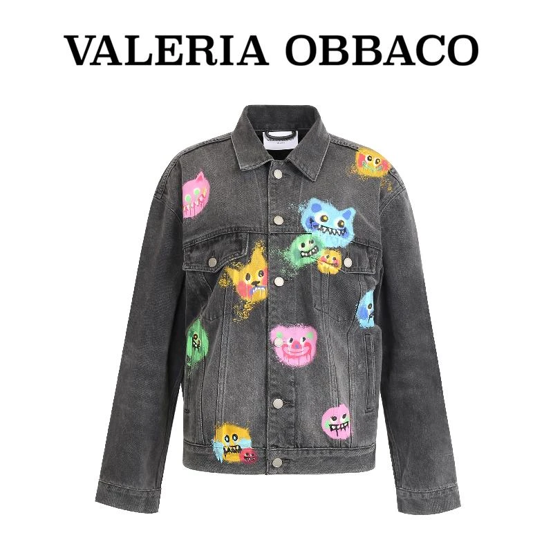 VALERIAOBBACO/瓦莱丽娅 奥贝科明星同款小怪兽水洗涂鸦牛仔夹克