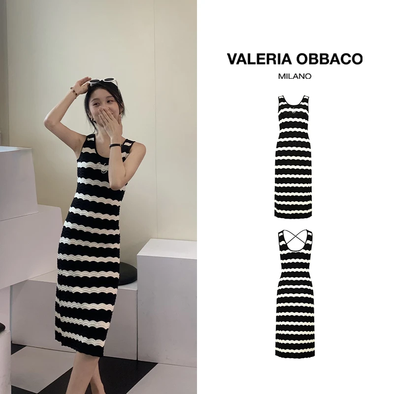 VALERIAOBBACO/瓦莱丽娅 奥贝科显瘦性感条纹黑白针织连衣裙夏季