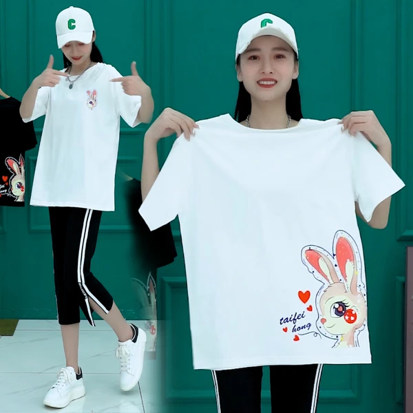 2025年夏季新款百搭大码粉红兔子洋气休闲时尚印花短袖大版t恤女