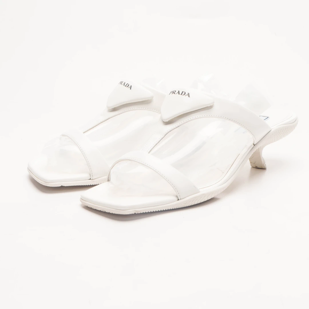 95新 Prada/普拉达 /37.5/白色凉拖高跟鞋