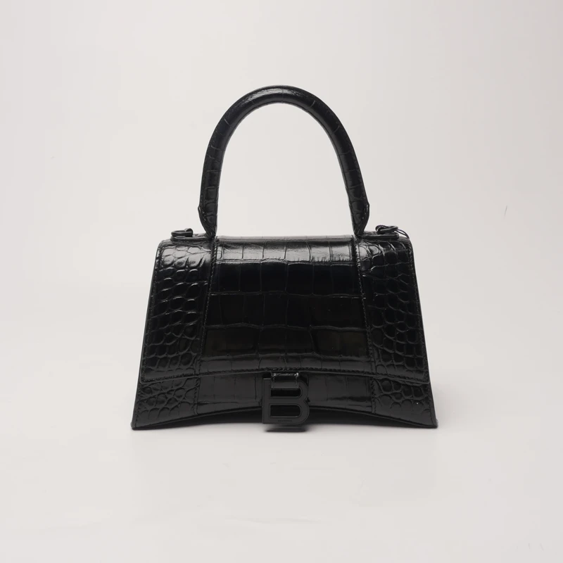 95新 Balenciaga/巴黎世家 hourglass黑扣鳄鱼纹沙漏手提包