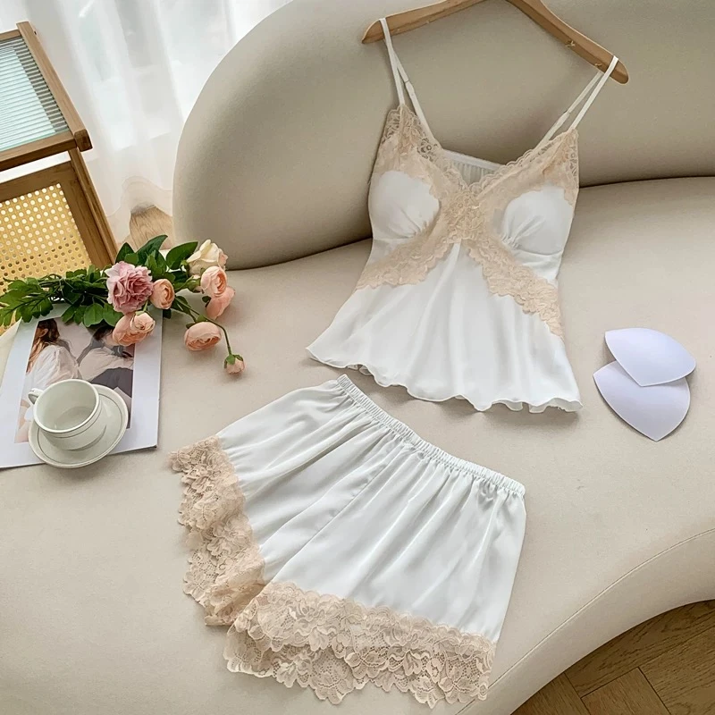 新款带睡衣女四季2025新款蕾丝背心短裤宽松两件套带胸垫家居服