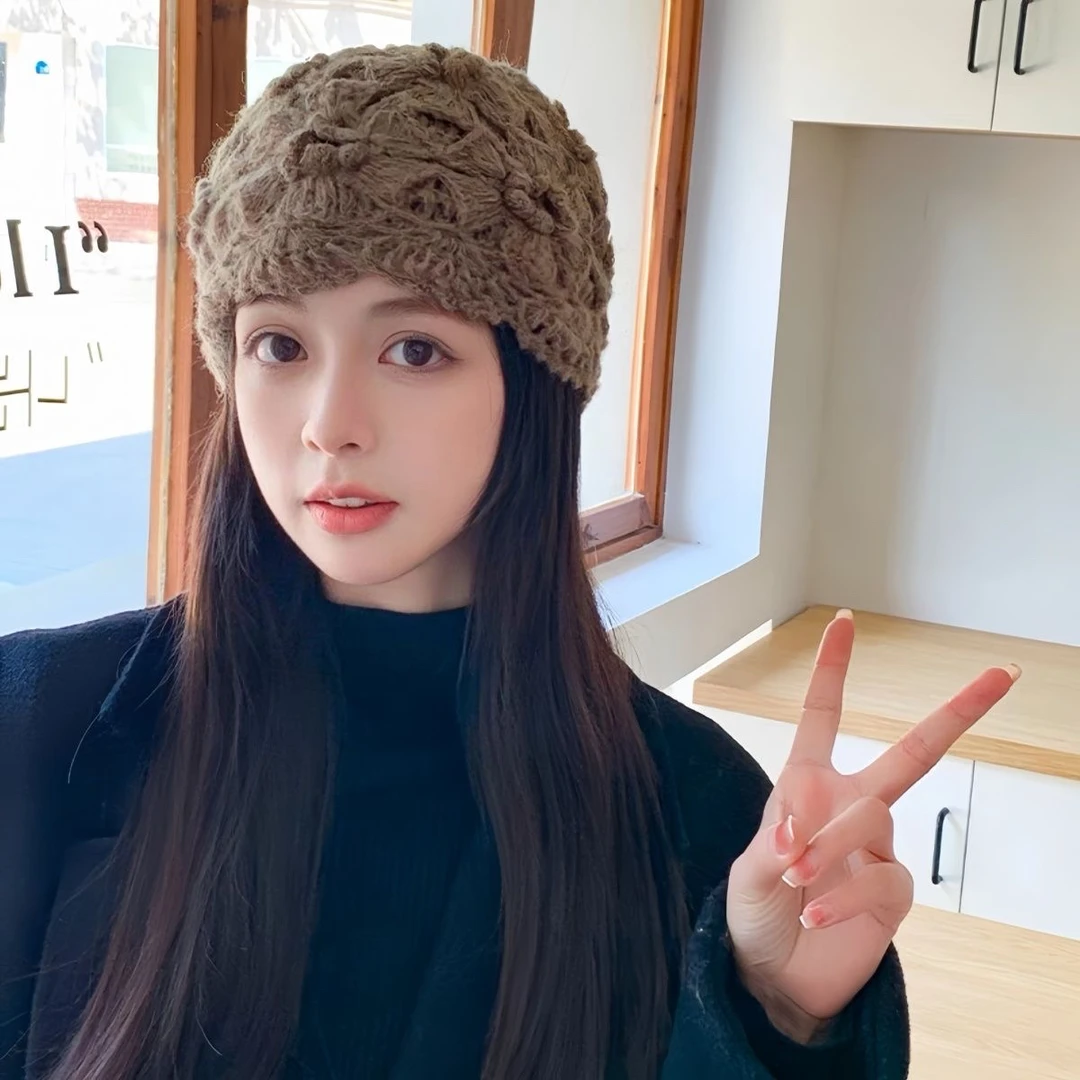 帽子女韩版百搭潮复古优雅时尚上班马海毛线镂空针织保暖毛线帽