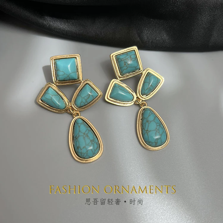 铜合金耳饰 气质蓝色复古 中古 欧美优雅夸张耳环0809
