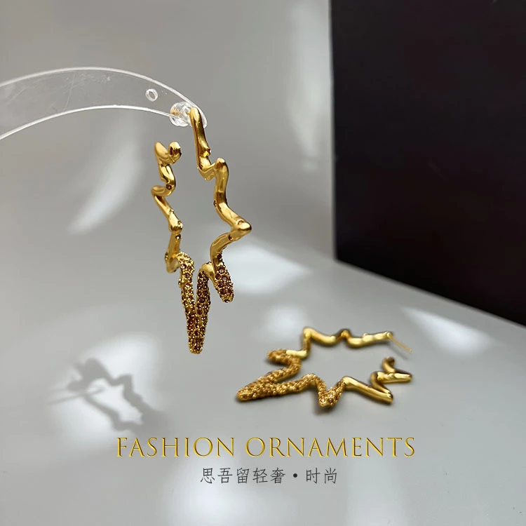 铜合金耳饰 轻奢复古曲线个性金色镶嵌耳环0630