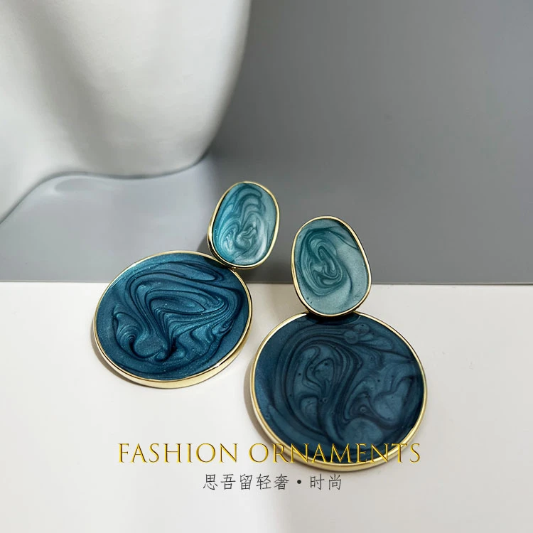 铜合金耳饰 珐琅蓝色百搭时尚夸张圆形耳环耳钉0500