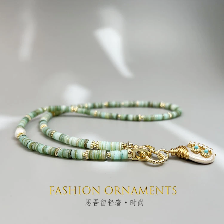 铜合金项链 手工民族风绿色清新 小石头巴洛克拼接 项链0844