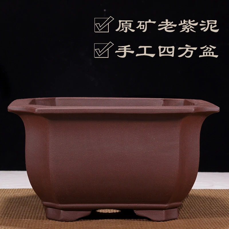 紫砂四方六方盆景花盆原矿紫泥素面简约老桩金弹子梅花桩君子兰盆