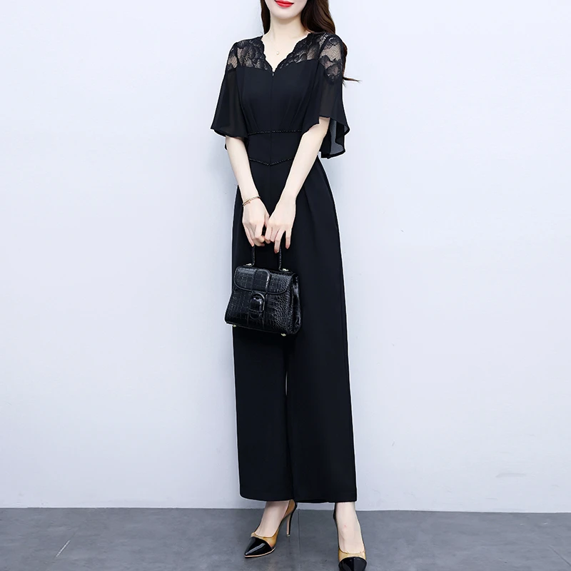 高级感轻奢钉珠连体裤女2023夏季时尚显瘦纯色网纱拼接套装连衣裤