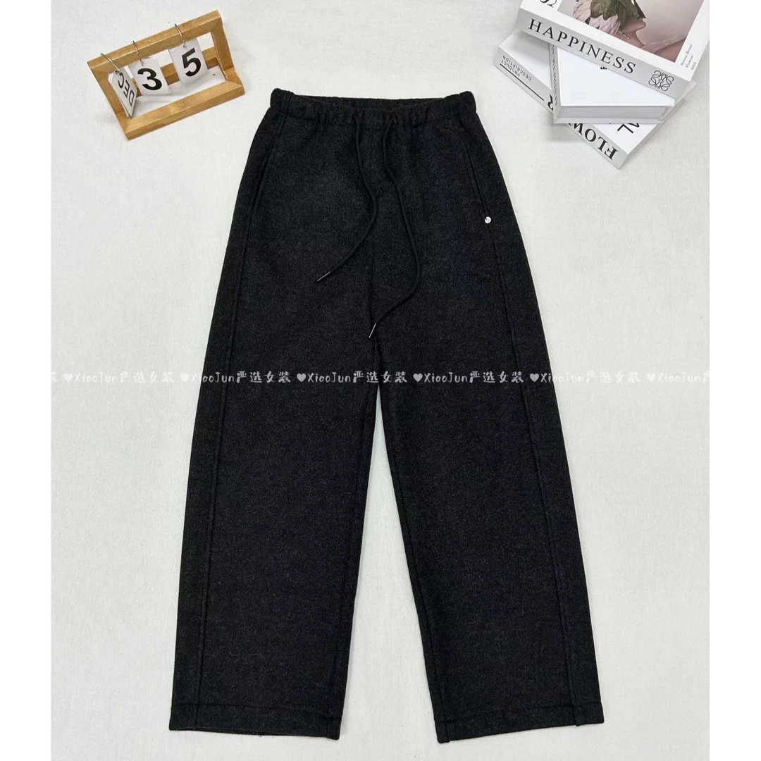 贝克扣羊绒毛呢直筒裤加厚加绒冬季抽绳松紧腰休闲女款裤