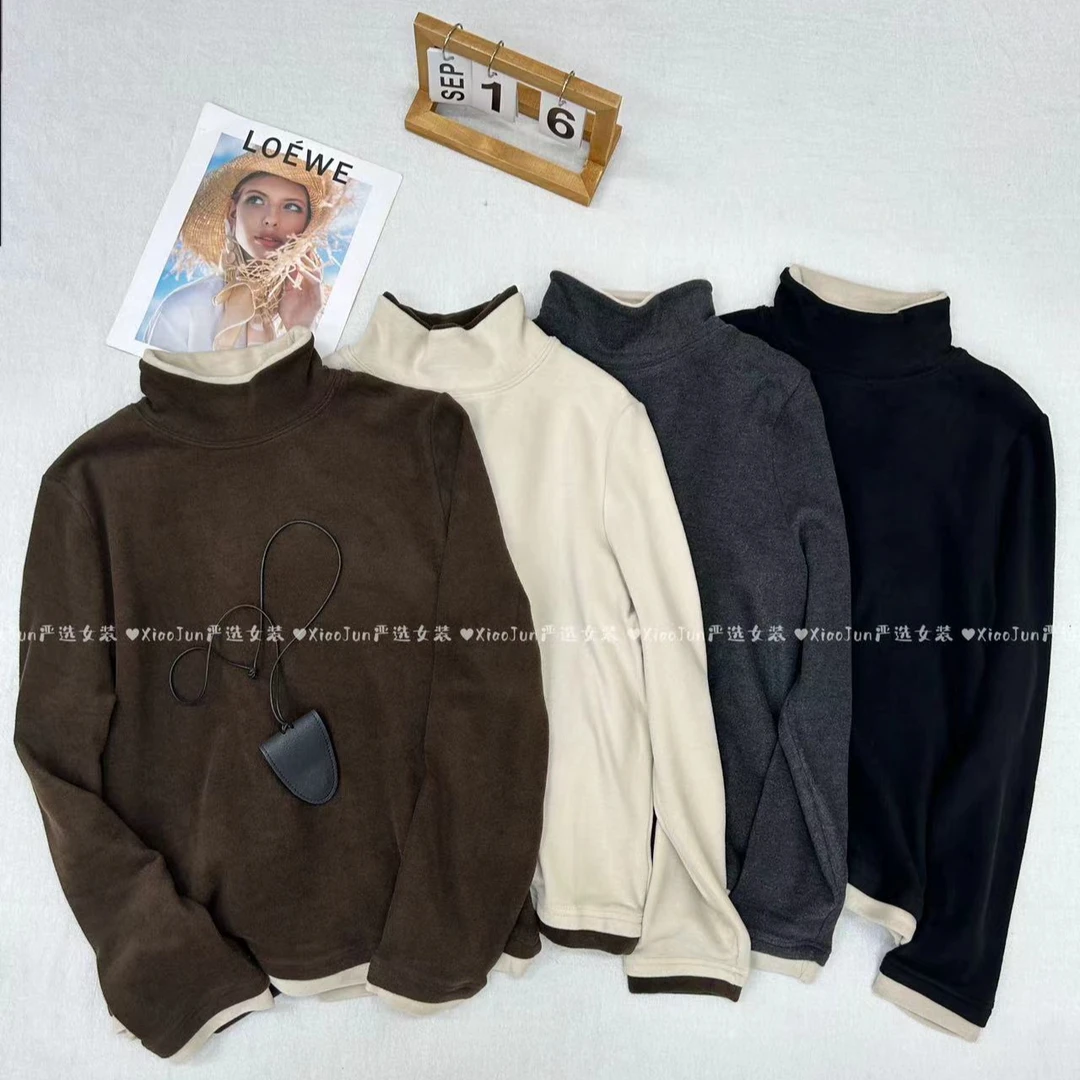 HYF冬季加厚半高领双面德绒拼色百搭休闲保暖内搭打底女款上衣