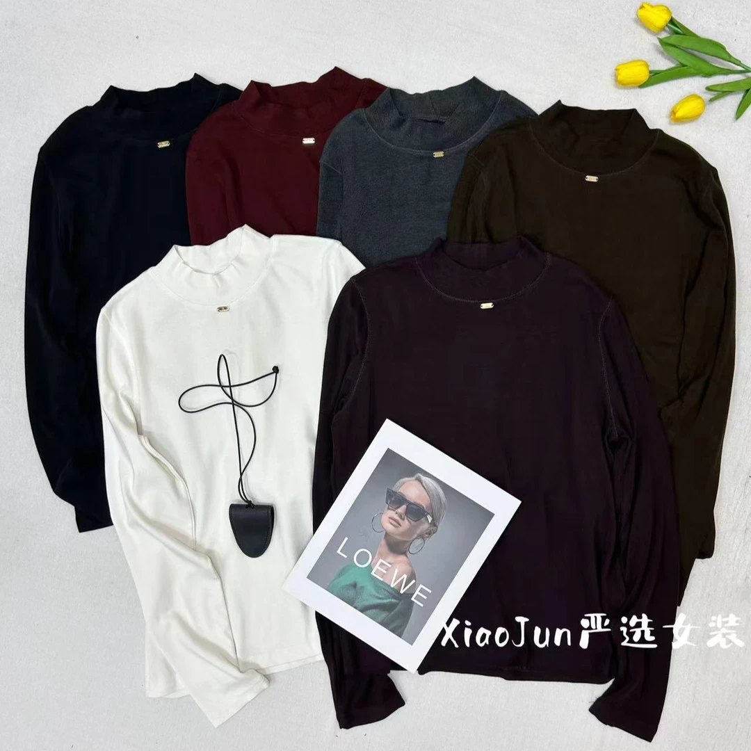 [小君自留]时尚百搭半高领秋冬宽松弹力百搭软糯棉时尚长袖T恤女