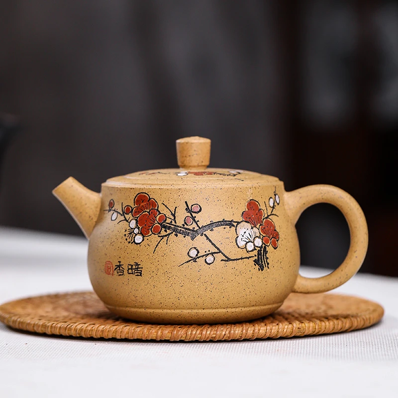 宜兴原矿芝麻段泥 手工泥绘梅花暗香井栏240毫升 泡茶壶茶具