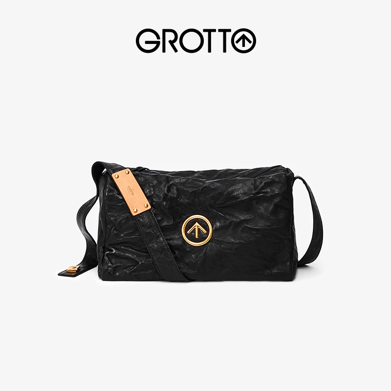 GROTTO个乐黑石包潮酷大容量意大利进口真皮单肩斜挎包