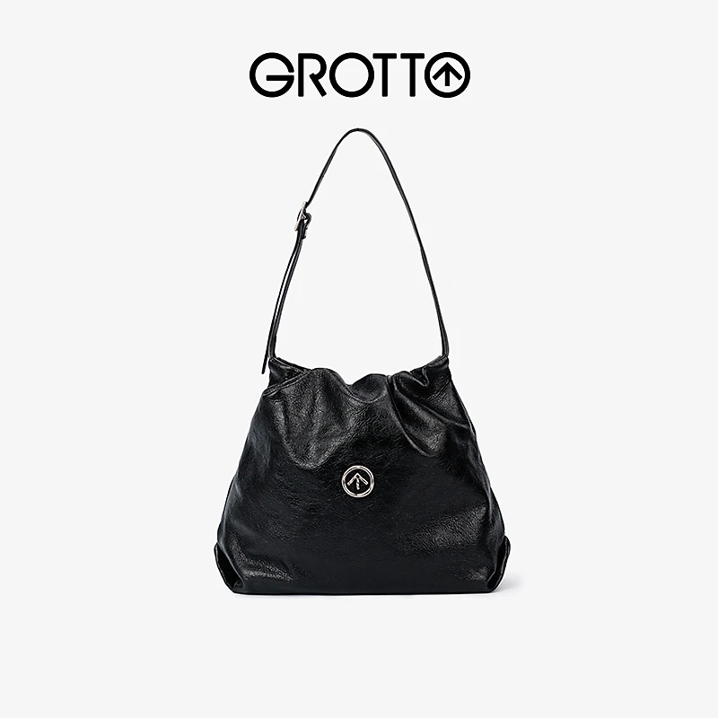 GROTTO个乐23年秋冬新款真皮垃圾袋小号单肩斜挎包美拉德五金女孩