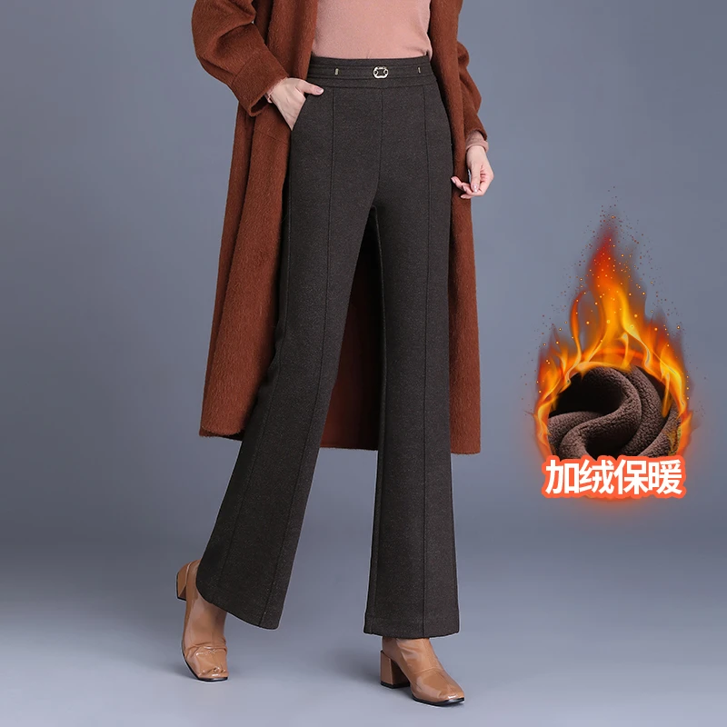 气质加绒毛呢微喇裤女秋冬季显瘦高腰长裤毛加厚保暖休闲喇叭裤