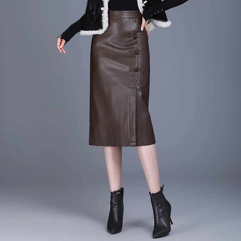 新中式皮裙半身裙中长款女高腰显瘦半身裙秋冬季开叉中国风A字裙