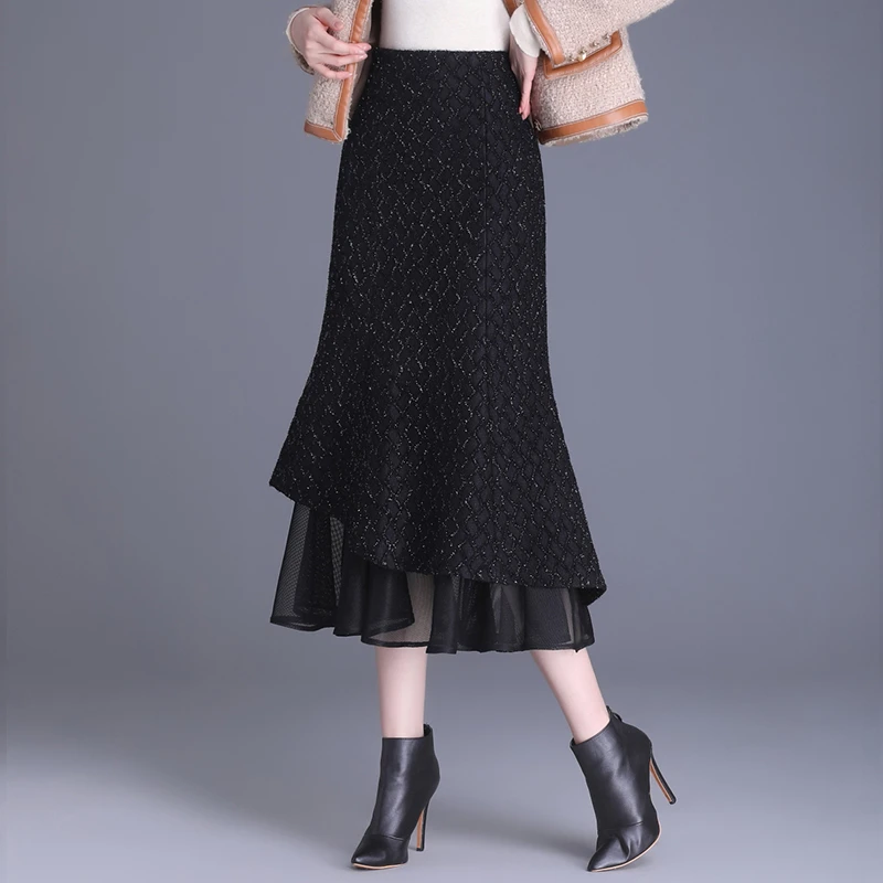 显瘦半身裙黑色小香风鱼尾裙高腰中长款秋冬加绒半身裙银丝包臀裙