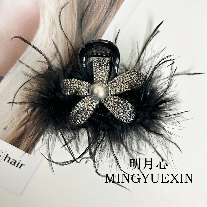 MY1040【羽毛仙子】轻奢高级感黑色大号抓夹半扎发盘发发夹