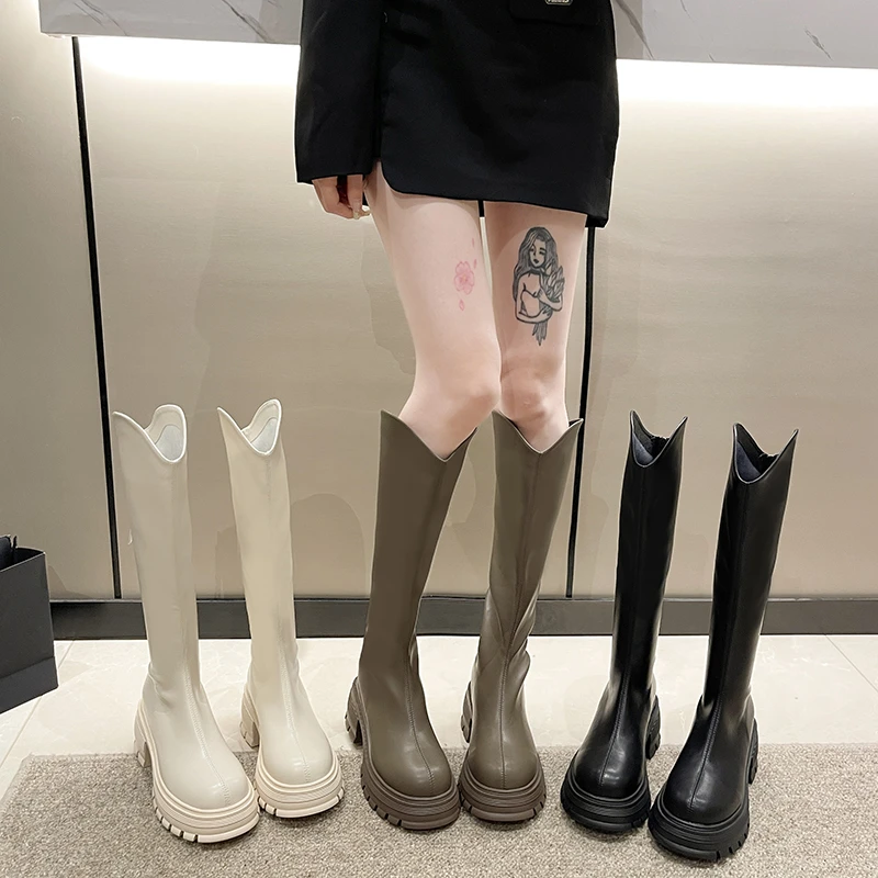 厚底6.5公分/加绒v口增高显瘦百搭软皮长筒靴冬季新款长筒瘦瘦靴